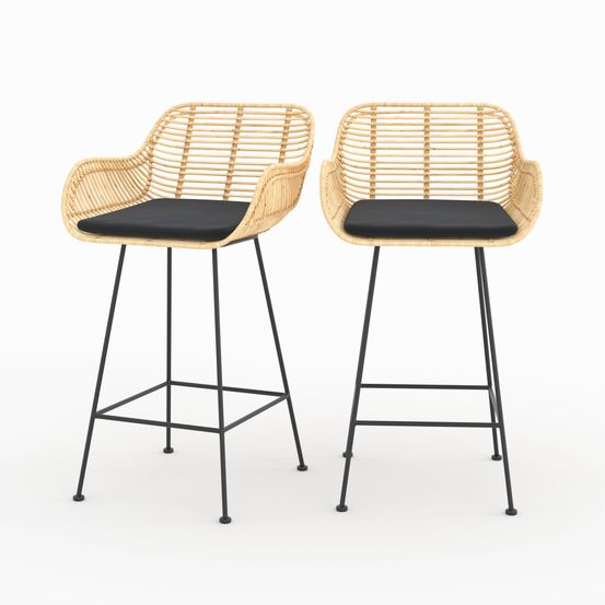 Pops-lot de 2 chaises pour îlot central 66 cm en rotin et tissu noir