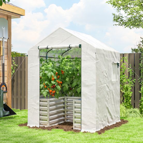 Serre à tomates pe acier blanc 141 x 141 x 190 cm avec carré potager porte enroulable - comfortxl outdoor living