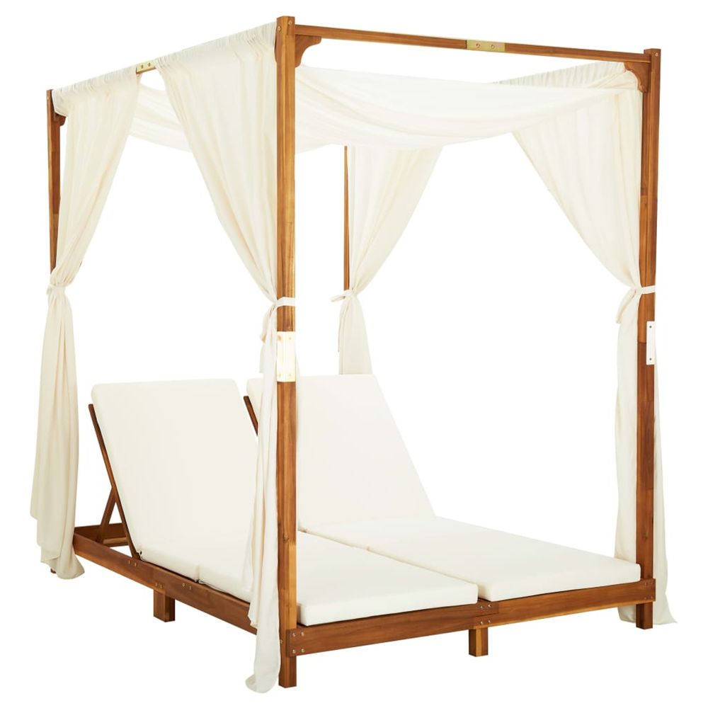 Chaise longue double avec rideaux et coussins bois d'acacia bain de soleil