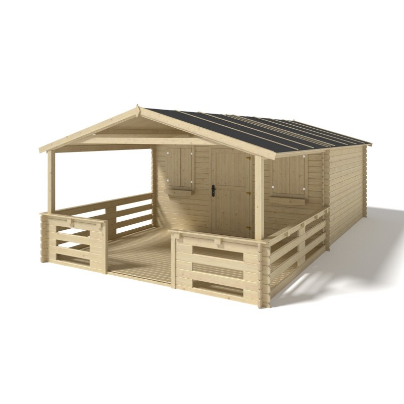 Abri de jardin en bois - 4x4 m - 28 m2 + terrasse avec balustrade et avant-toit en bois