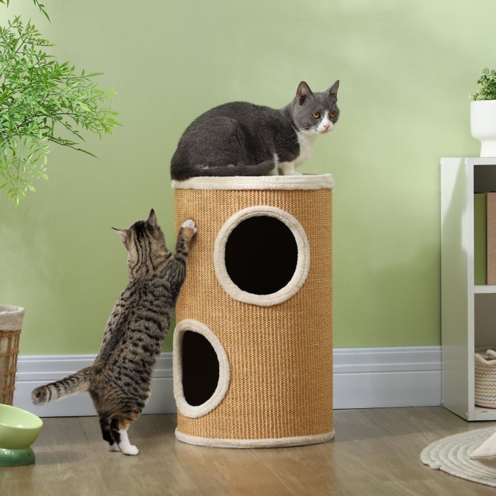 Tour à griffer chat 2 niveaux sisal peluche jeu repos ø35x60cm marron beige - comfortxl pet living