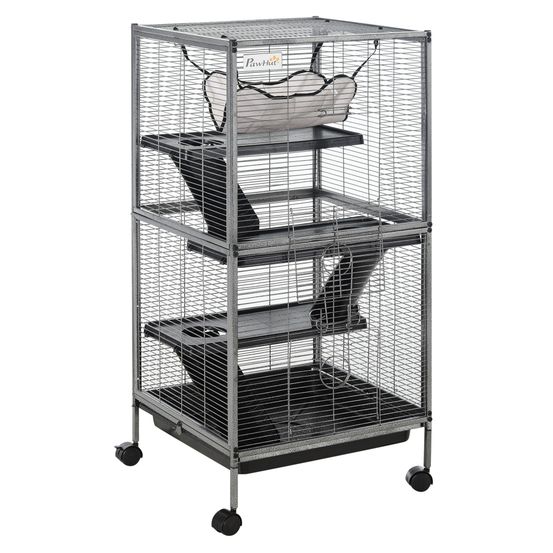 Cage petits animaux métal furet chinchilla 4 niveaux sur roulettes 52x52x114cm gris