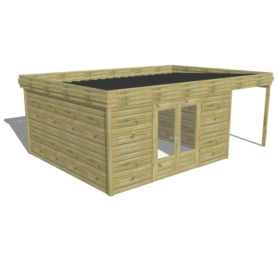 Abri de jardin bois pin traité autoclave 27mm - 6,34x4,34m / 28m2 - bac acier - abri français