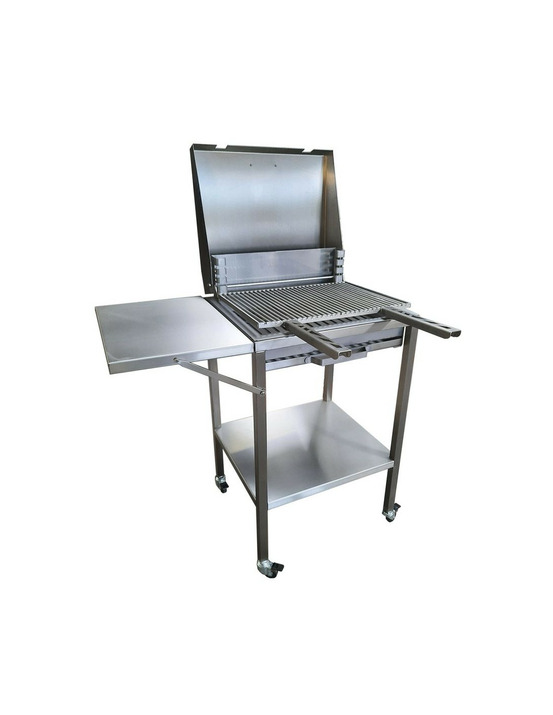 Barbecue inox charbon de bois sur chariot avec couvercle - plancha tonio