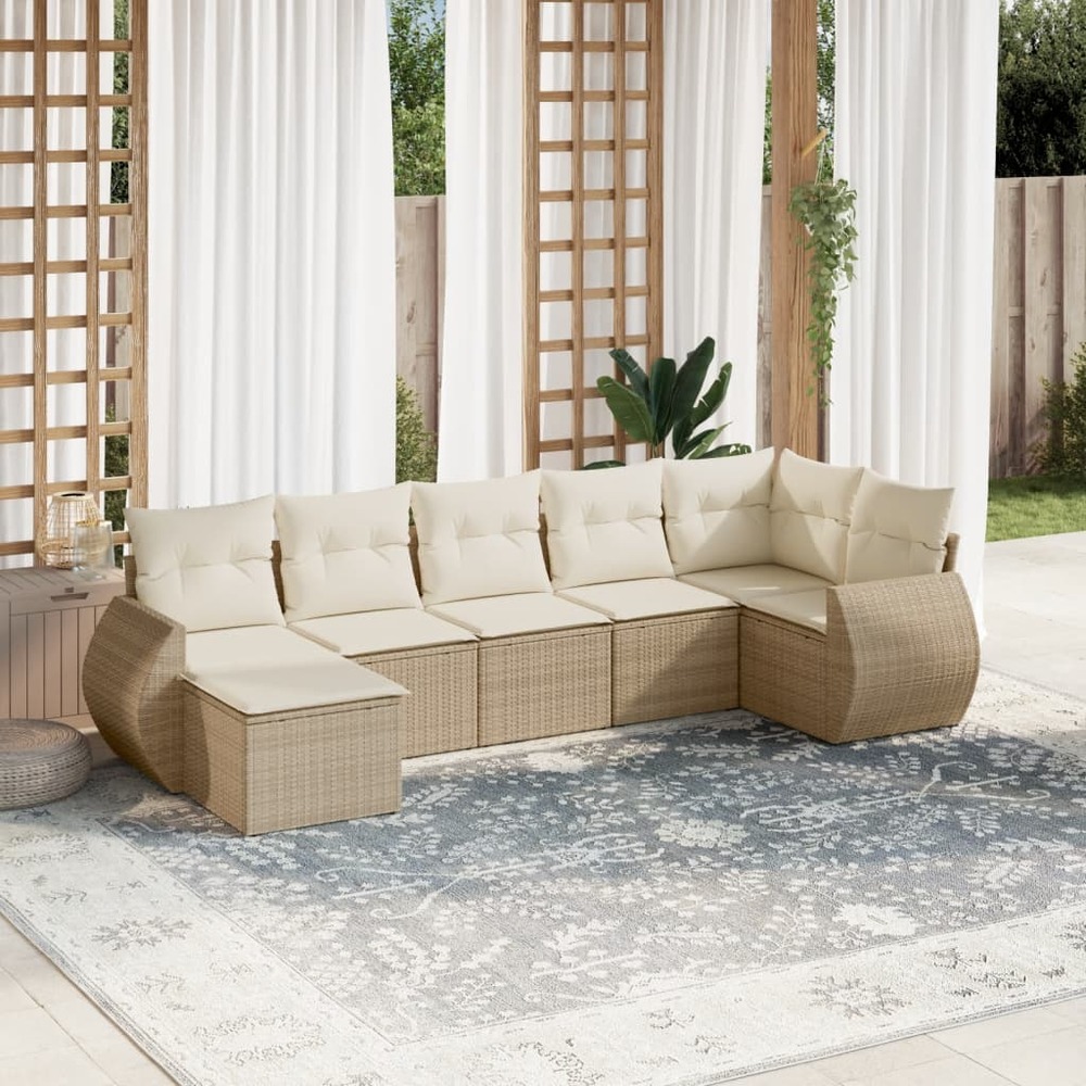 Salon de jardin avec coussins 7 pcs beige résine tressée