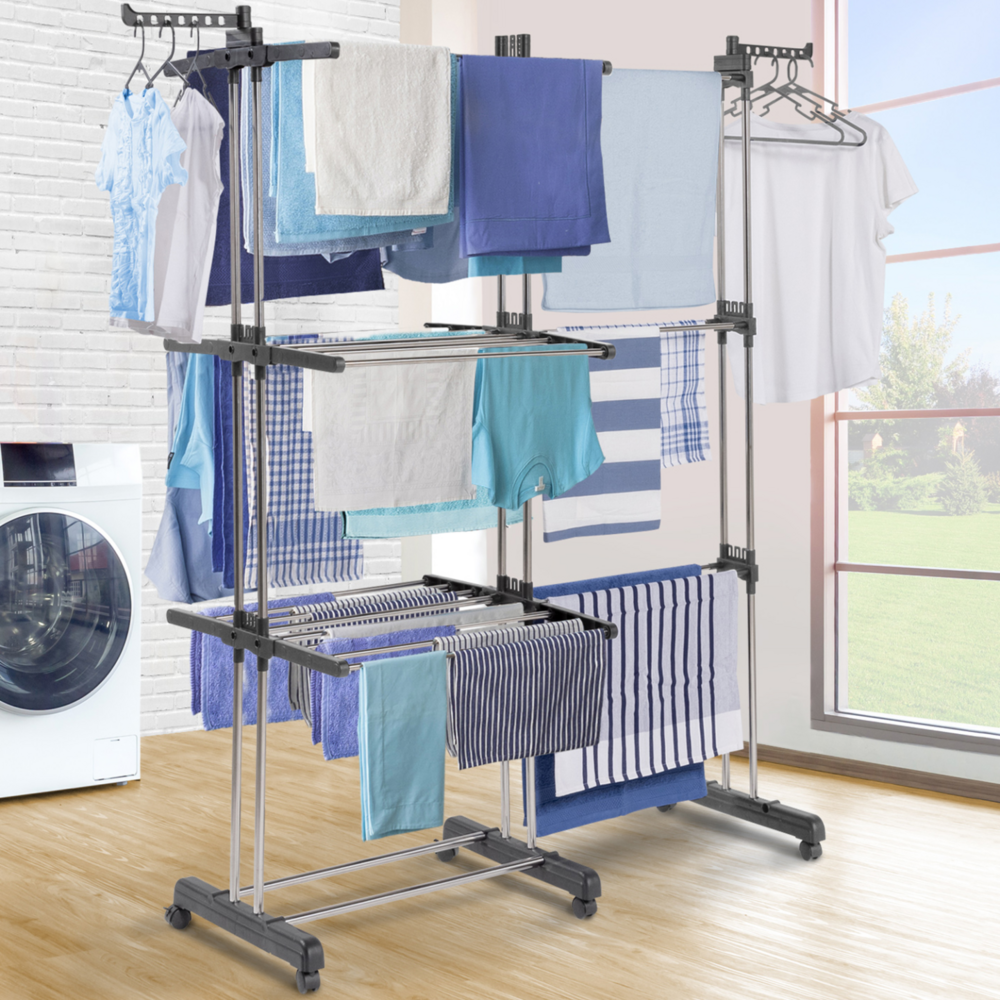 Séchoir à linge vertical pliable et extensible 3 niveaux giga capacité 27m avec cintres et pinces inox et gris