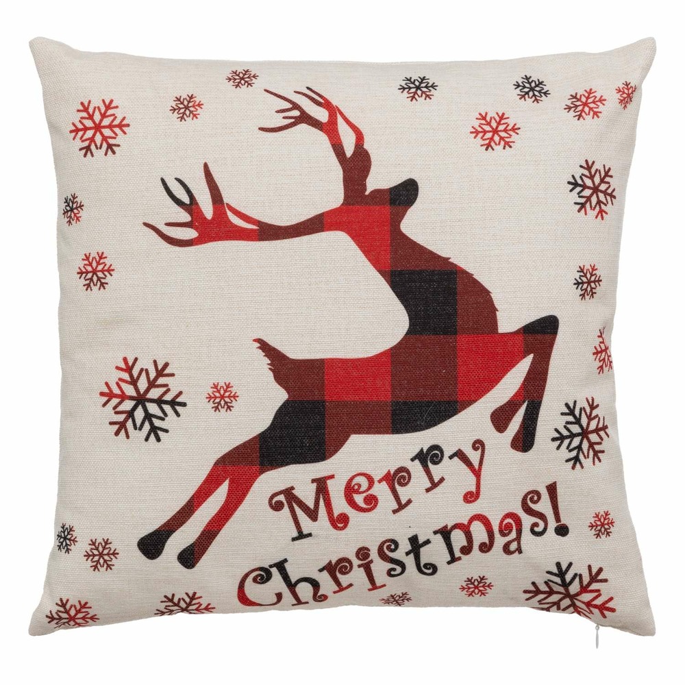 Coussin de noël renne - 40 x 40 cm - beige et rouge