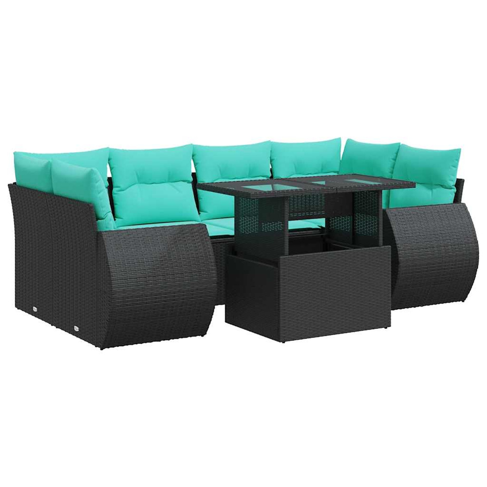 Salon de jardin avec coussins 7 pcs noir résine tressée acacia