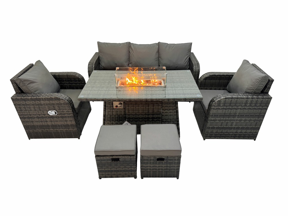 Ensemble salon de jardin extérieur en polyrotin table de foyer à gaz et fauteuil avec canapé 3 places 2 petits tabourets