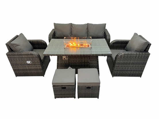 Ensemble salon de jardin extérieur en polyrotin table de foyer à gaz et fauteuil avec canapé 3 places 2 petits tabourets