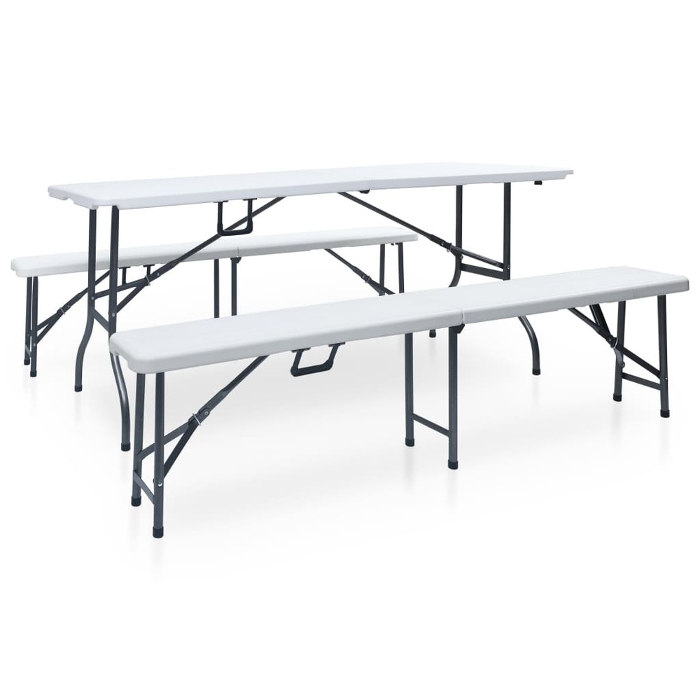 Table pliable de jardin avec 2 bancs 180 cm acier et pehd blanc