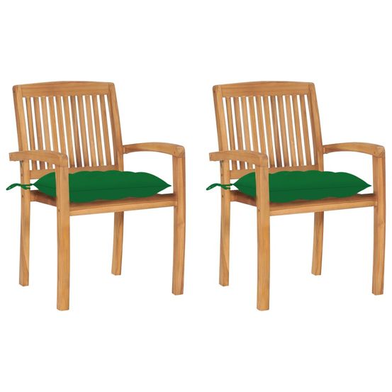 Chaises de jardin lot de 2 et coussins vert bois de teck massif