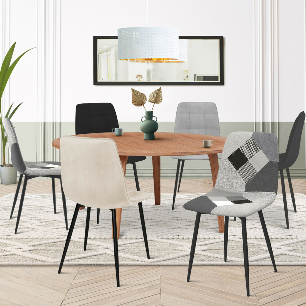 Lot de 6 chaises mila en velours gris foncé, gris clair, beige, noir et patchworks noir, gris et blanc x2 pour salle à manger