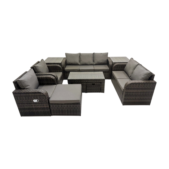 10 places salon de jardin exterieur ensemble de canapés en rotin avec table basse rectangulaire 2 tables d'appoint 3 tabourets