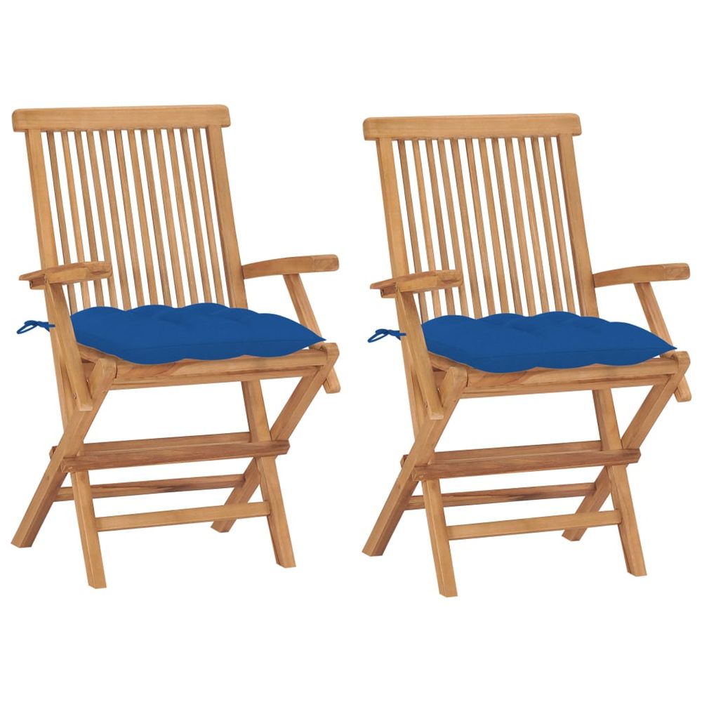 Chaises pliantes avec coussins bleus, 2 pièces, en teck massif