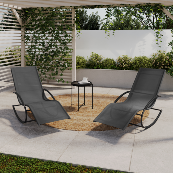 Lot de 2 chaises longues - transat de jardin à bascule malawi gris anthracite et toile grise