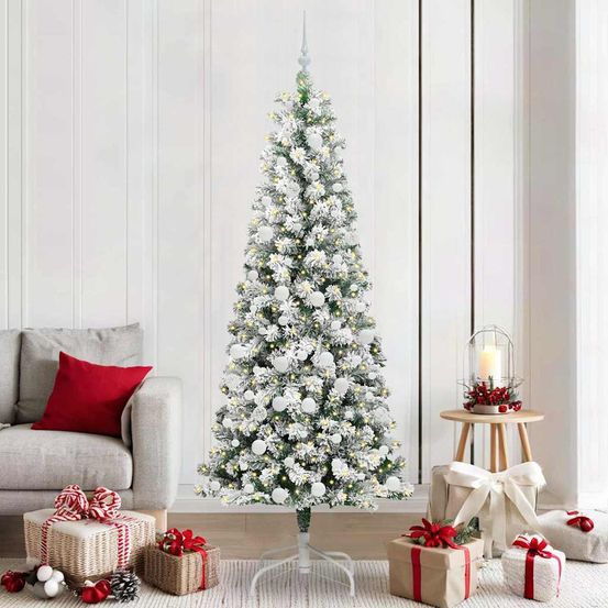 Sapin de noël vert et blanc 2.10m pour salon, lumineux avec guirlande led et décorations