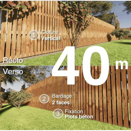 Kit clôture bois moderne 40m – h 1,9m – 20 x 70 mm autoclave marron – pose vertical – double face – à sceller