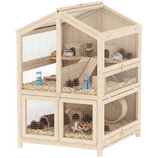Cage en bois sapin hamster souris 3 niveaux vue transparente 68x61x90cm naturel