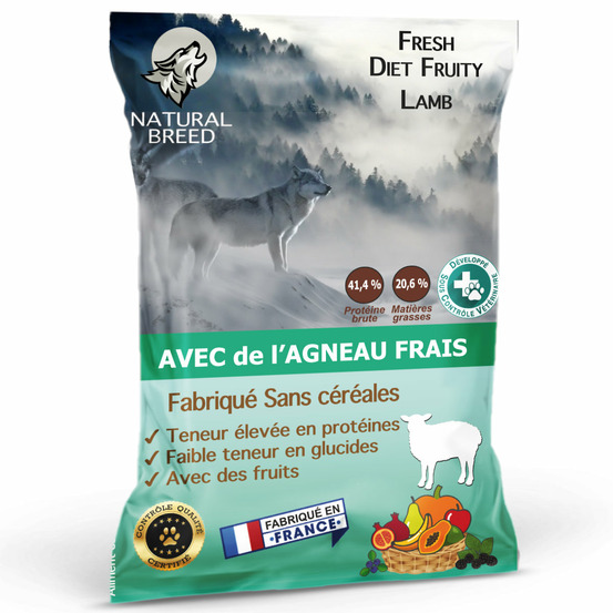 Croquettes chien adulte sans céréales à l’agneau frais – faible en glucides – Fresh Diet Fruity – 2 kg