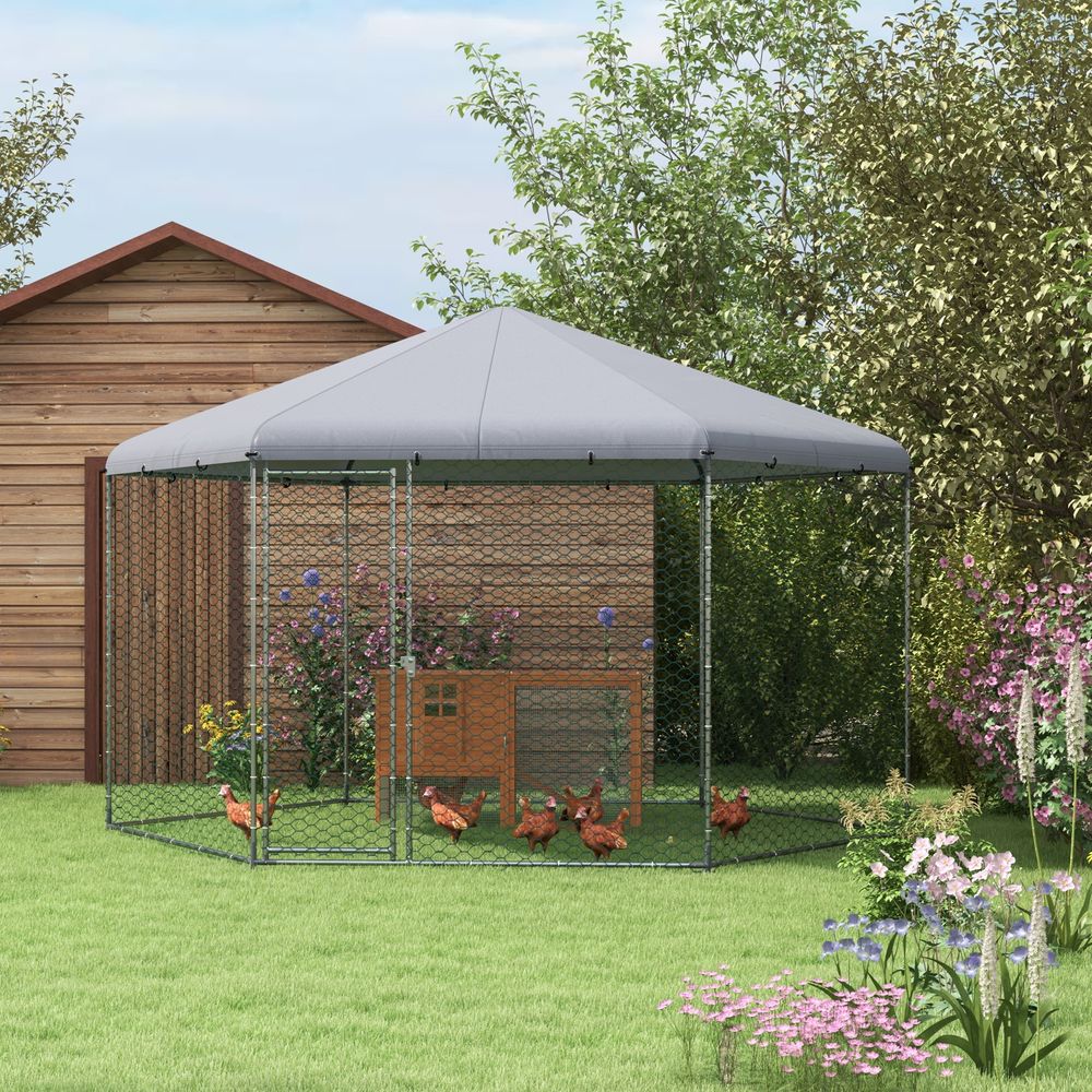Enclos poulailler acier galvanisé extérieur 10-15 poules toit bâche 10m² - comfortxl pet living
