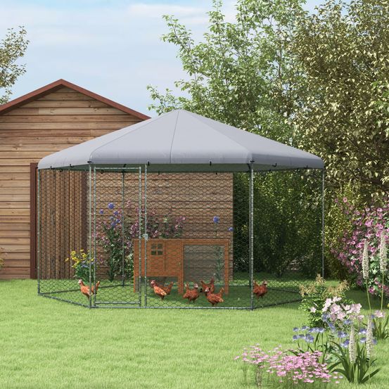 Enclos poulailler acier galvanisé extérieur 10-15 poules toit bâche 10m² - comfortxl pet living