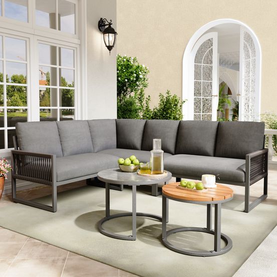 Salon de jardin d'angle pour 6 à 7 personnes, structure en acier galvanisé, pieds réglables, coussins inclus, gris