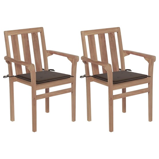 Chaises de jardin lot de 2 et coussins taupe bois teck massif