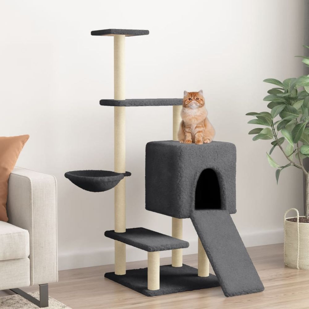 Grande tour à griffer pour chat avec niche panier et griffoirs sisal gris 130,5 cm