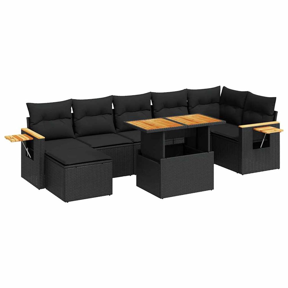Salon de jardin avec coussins 8 pcs noir résine tressée acacia