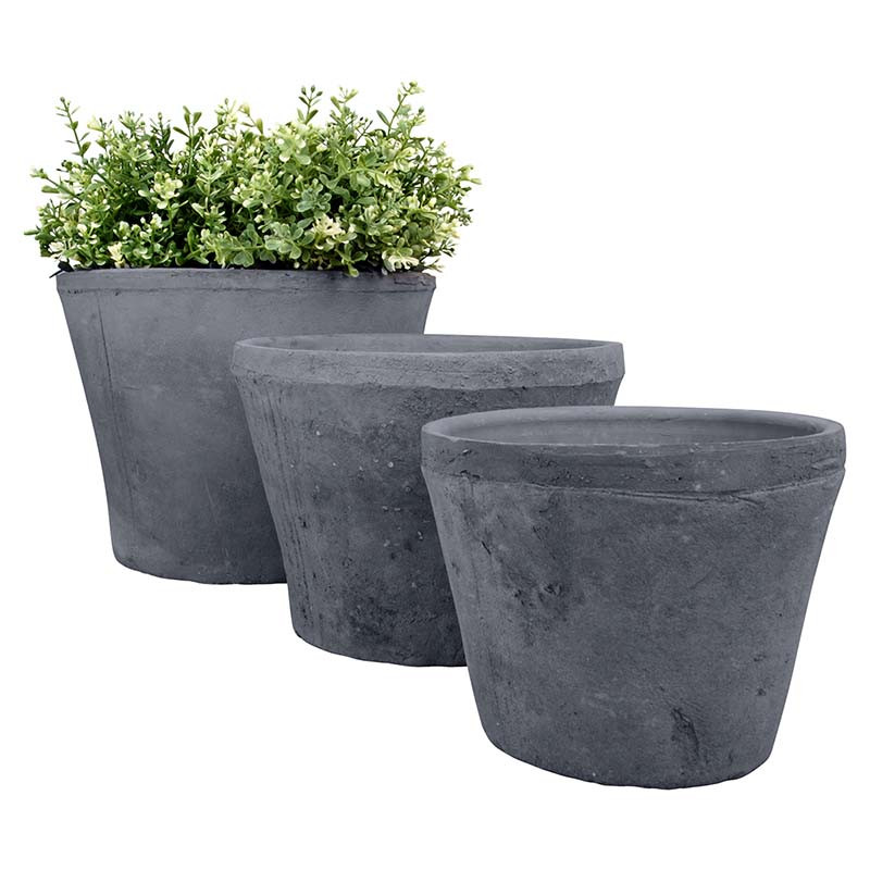 3 pots de fleurs en terre cuite gris