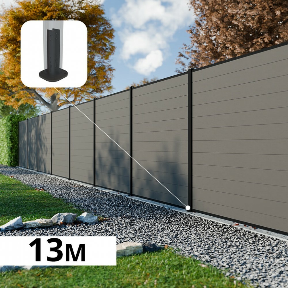 Kit clôture composite rio platines 13x1,8m - bois composite & aluminium - poteaux noir sur platines- brise vue - palissade