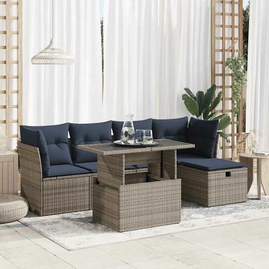 Salon de jardin avec coussins 6 pcs gris résine tressée acacia