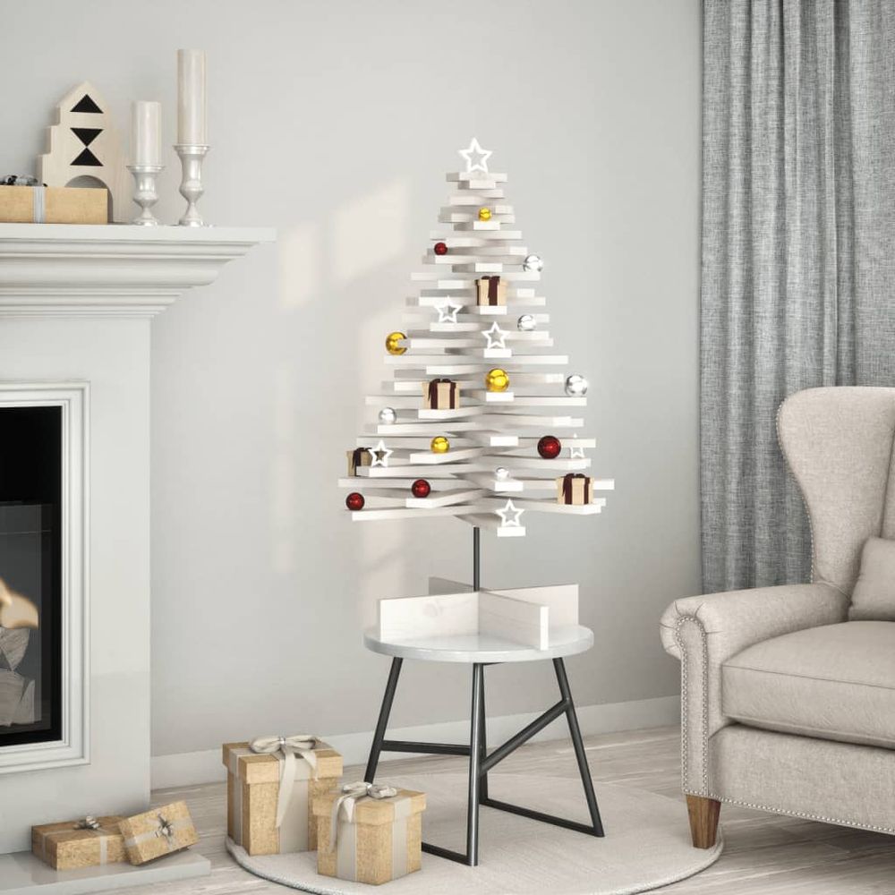 Grand sapin de noël bois de pin massif rotatif décoration 100 cm blanc