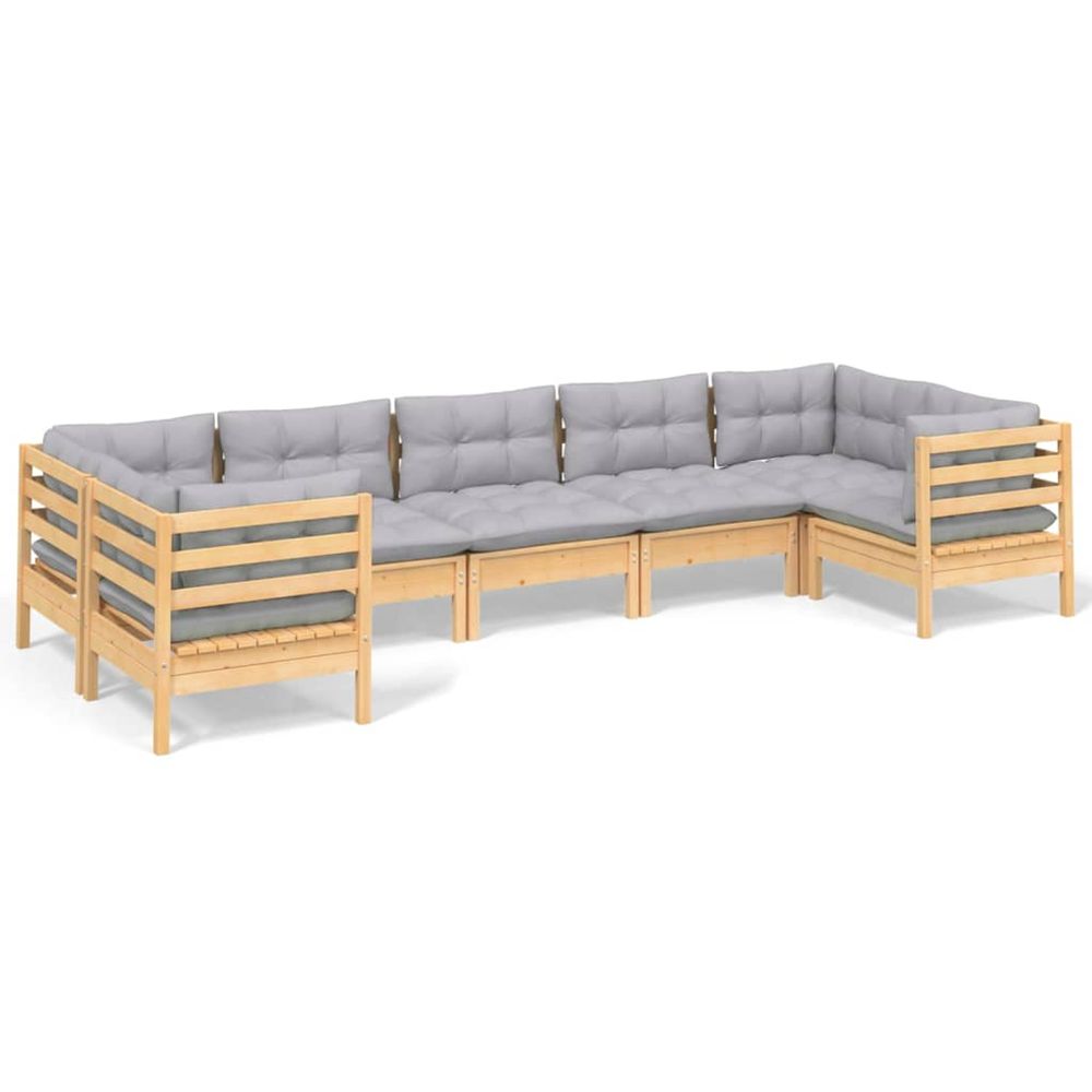 Salon de jardin 7 pcs avec coussins gris bois de pin