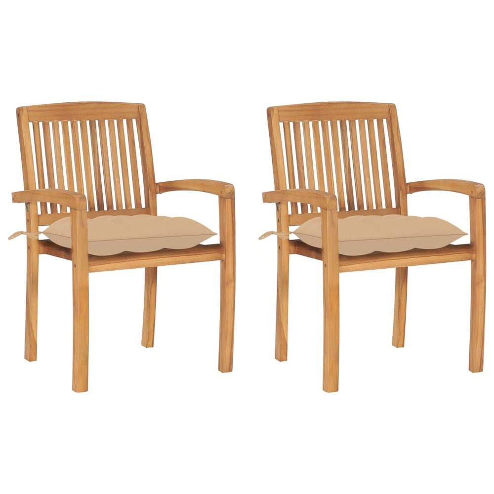 Chaises de jardin lot de 2 et coussins beige bois teck massif