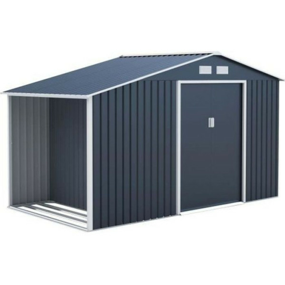 Abri de jardin en métal et abri bûches 6,53 m² - 342 x 191 x 202 cm - solis - kit d'ancrage inclus, 2 portes coulissantes - g