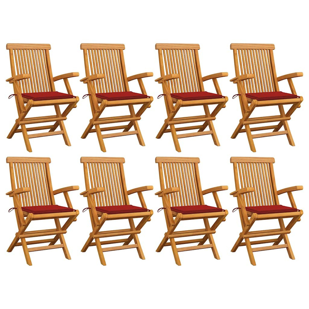 Chaises de jardin avec coussins rouge lot de 8 teck massif