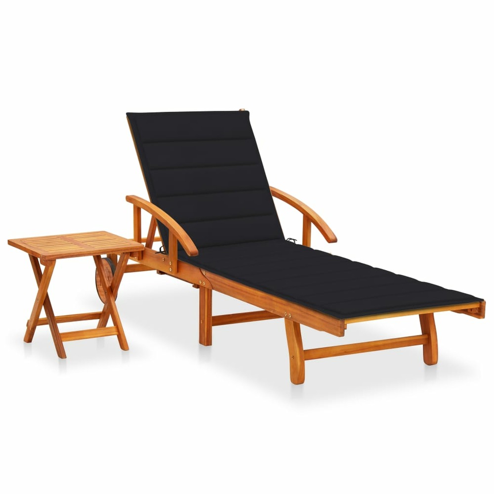 Transat chaise longue bain de soleil lit de jardin terrasse meuble d'extérieur avec table et coussin bois d'acacia