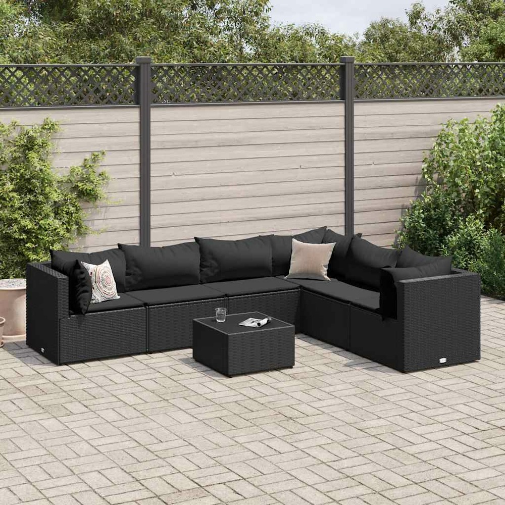 Salon de jardin 7 pcs avec coussins noir résine tressée