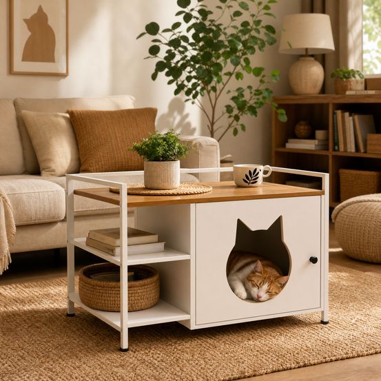 Meuble cache-litière pour chat blanc et bois avec 2 étagères de rangement