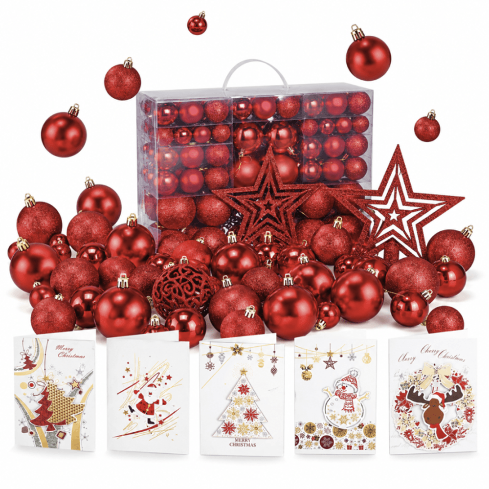 Boules de noël rouges, coffret 127 boules et étoile de sapin, diamètres 3, 4 et 6 cm
