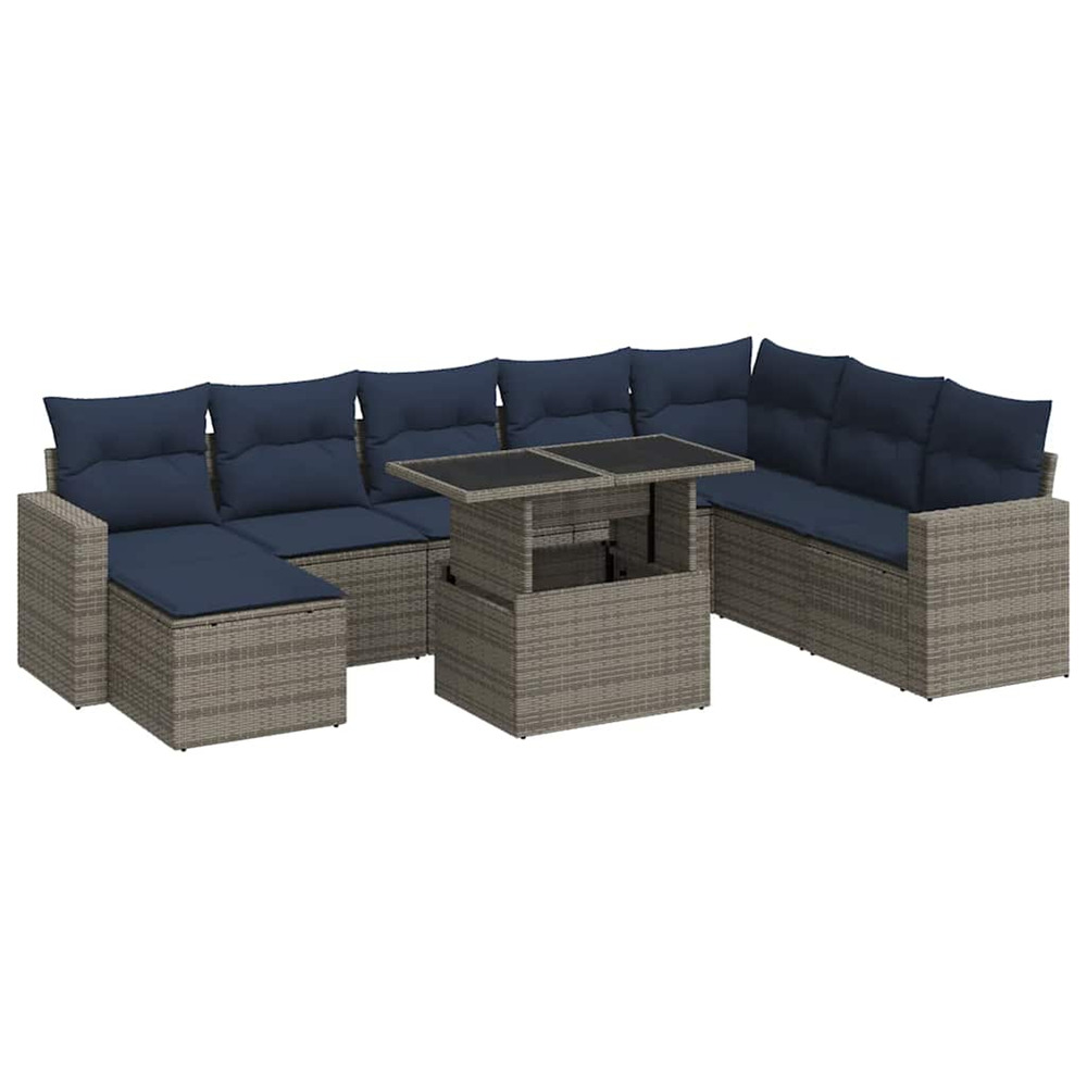 Salon de jardin avec coussins 9 pcs gris résine tressée acacia