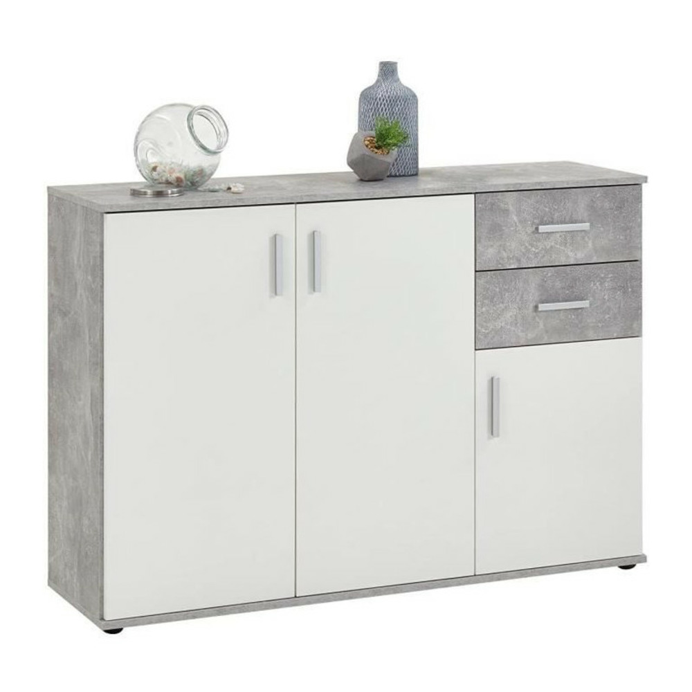 Buffet bicolore - décor gris béton la et blanc - 3 portes + 2 tiroirs - l120,5 x h83 x p35 cm - fabriqué en allemagne
