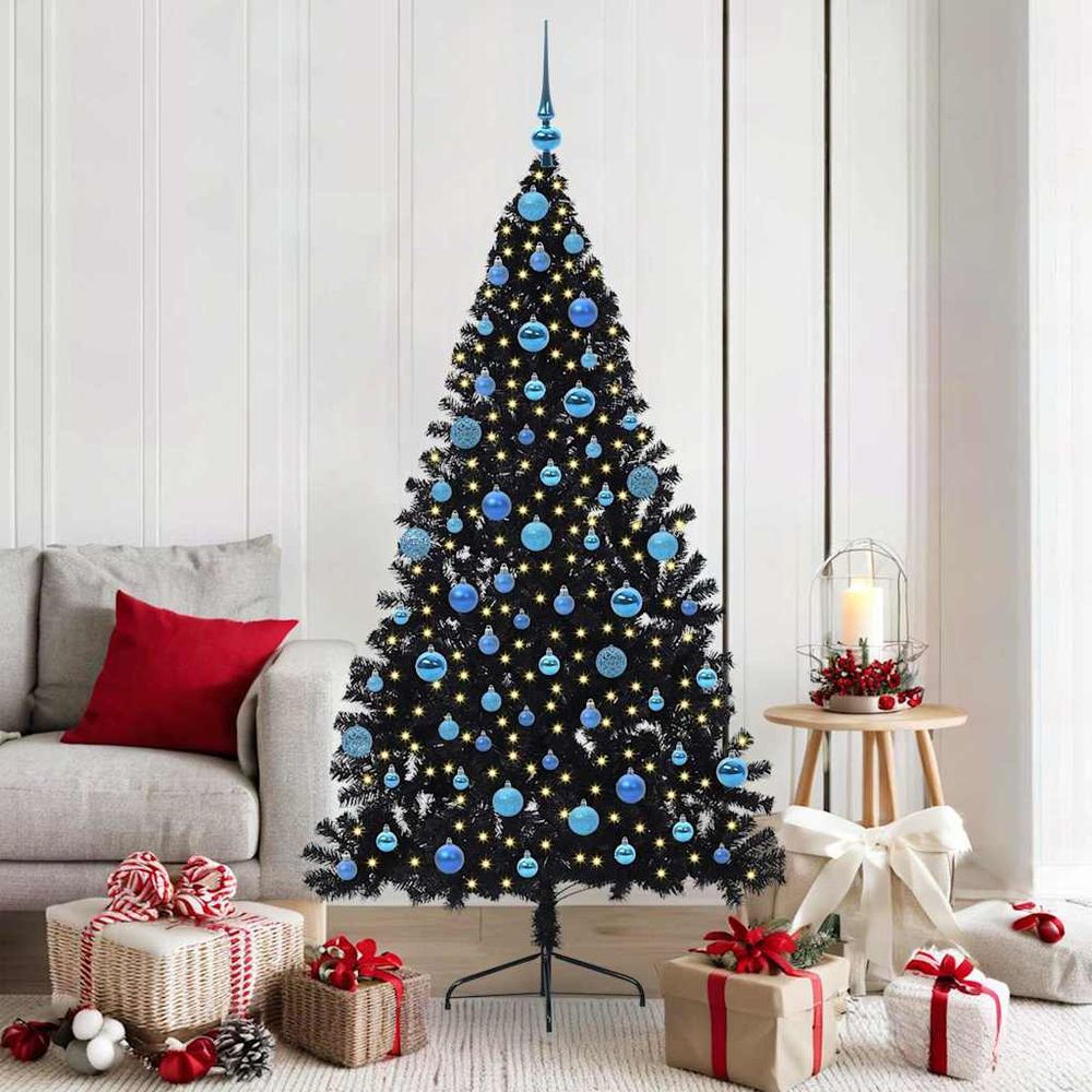 Sapin de noël design noir 180 cm, kit prêt-à-poser avec 120 boules et 300 lumières led
