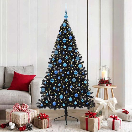 Sapin de noël design noir 180 cm, kit prêt-à-poser avec 120 boules et 300 lumières led