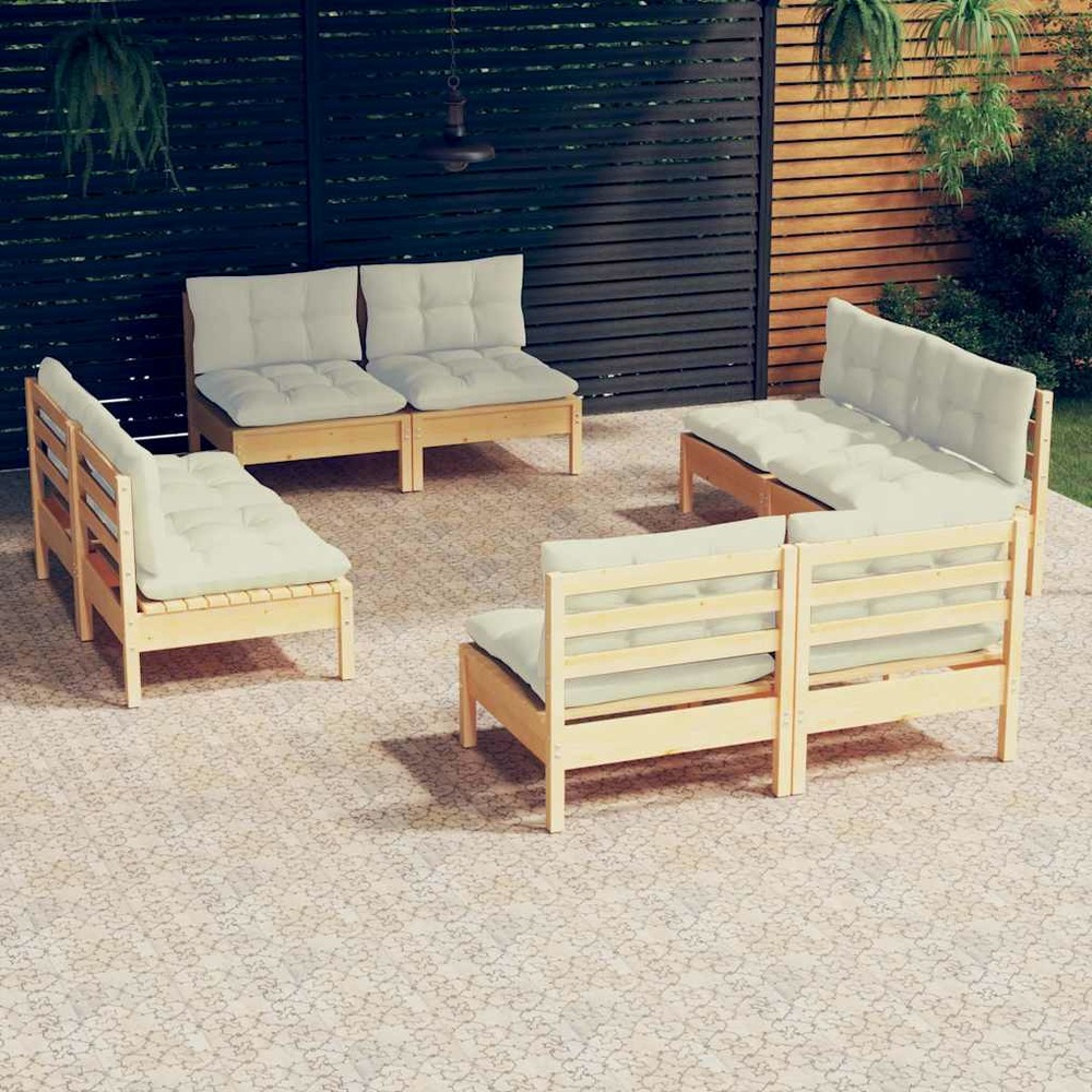 Salon de jardin 8 pcs avec coussins crème bois de pin