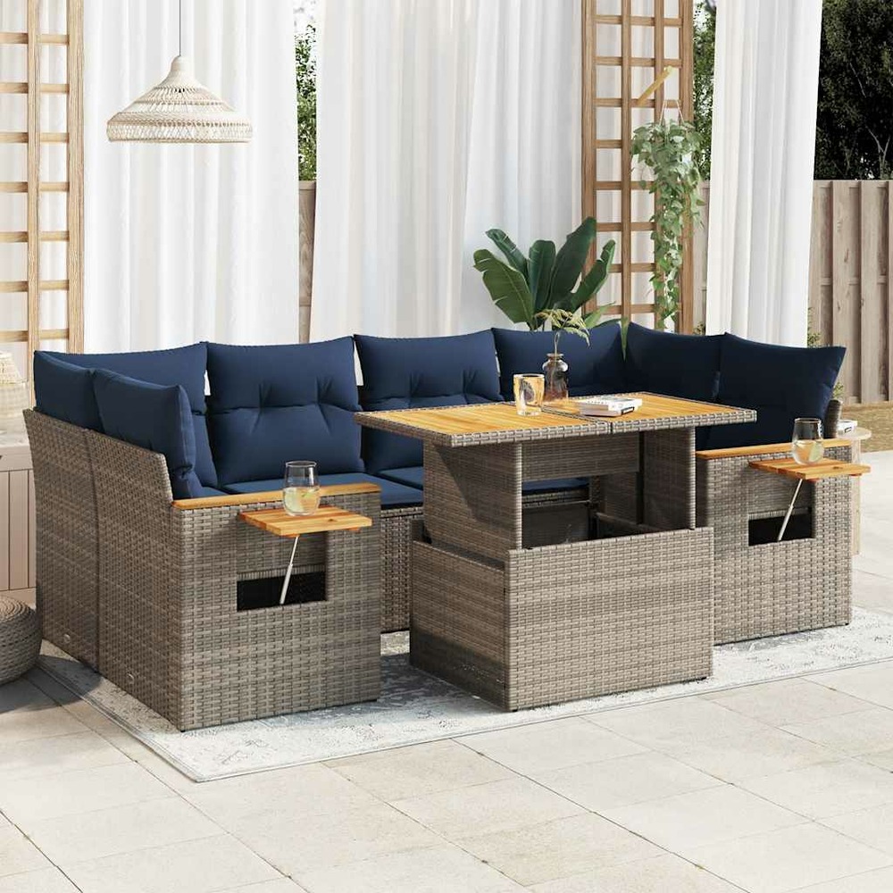 Salon de jardin avec coussins 7 pcs gris résine tressée