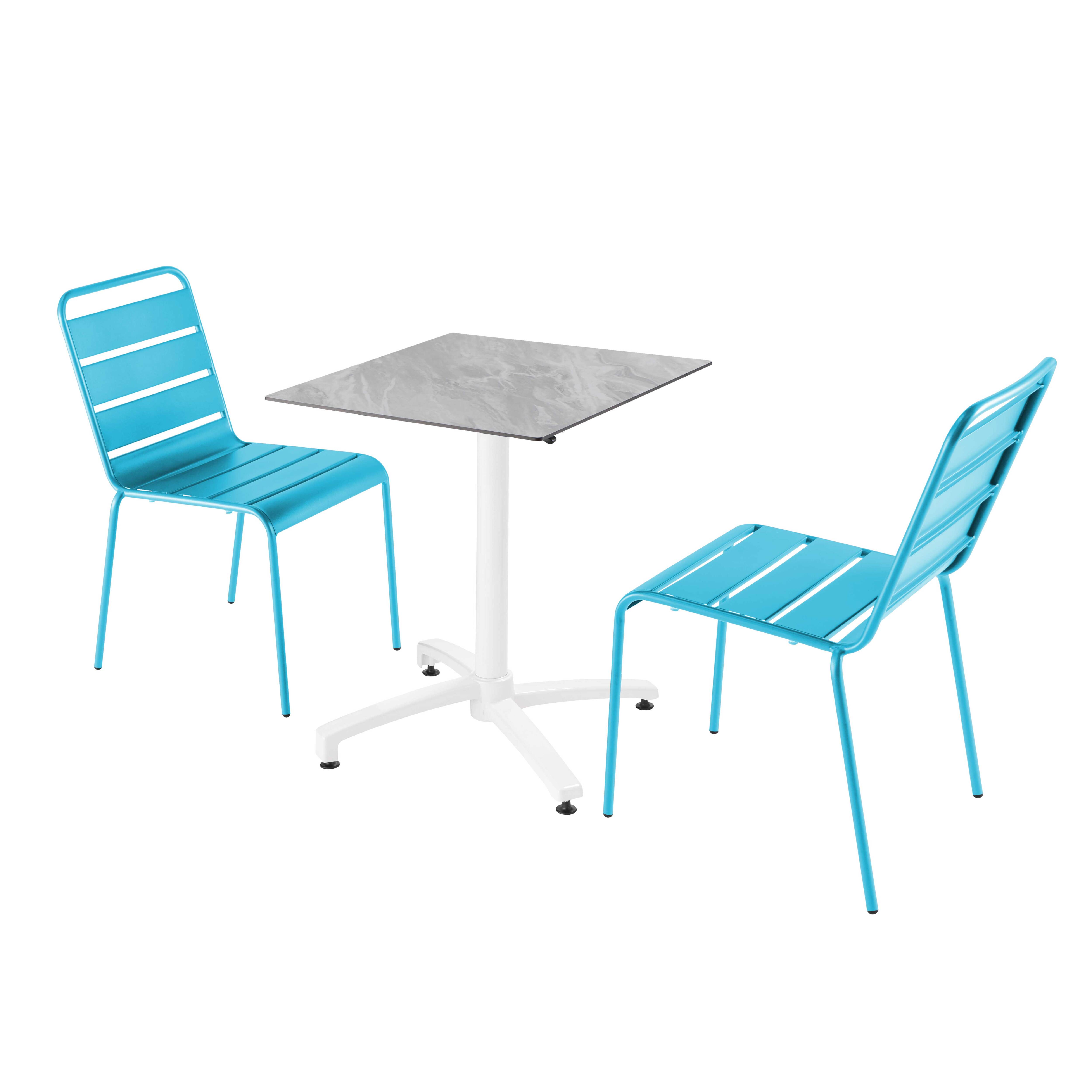 Ensemble table de terrasse stratifié marbre et 2 chaises bleu