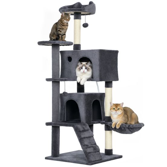 Arbre à chat bois peluche salon centre repos multi-chat 140cm gris foncé